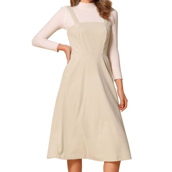 Allegra K Dresses & Skirts - Tank Ribbed Vintage A-Line Sleeveless Casual Midi Dress Beige